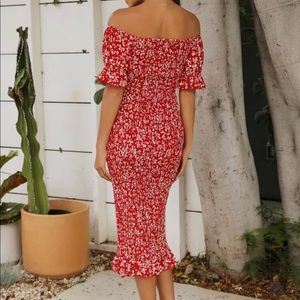 Off Shoulder Ruffle Trim Shirred Ditsy Floral Dress